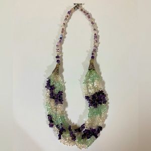 (070) NEW Amethyst, white quartz, rose quartz, and green quartz silver necklace